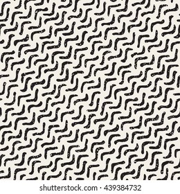 Vector Seamless Black And White Hand Drawn Diagonal Wavy Lines Grungy Pattern. Abstract Geometric Background Design