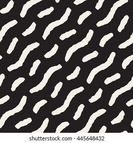 Vector Seamless Black And White Hand Drawn Diagonal Wavy Lines Grunge Pattern. Abstract Freehand Background Design