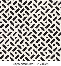 Vector Seamless Black And White Hand Drawn Diagonal Lines and Circles Pattern. Abstract Freehand Background Design