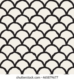 Vector Seamless Black And White Hand Drawn Rounded Lines Oriental Pattern. Abstract Freehand Background Design