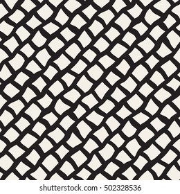 Vector Seamless Black and White Hand Drawn Diagonal Rectangles Lines Pattern. Abstract Freehand Background Design