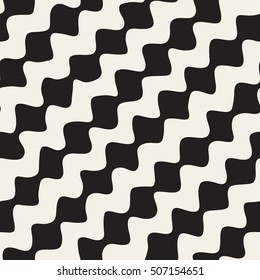 Vector Seamless Black and White Hand Drawn Diagonal Wavy Lines Pattern. Abstract Freehand Background Design