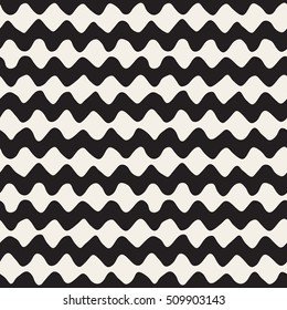 Vector Seamless Black and White Hand Drawn Wavy Horizontal Zigzag Lines Pattern. Abstract Freehand Background Design