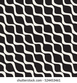 Vector Seamless Black and White Hand Drawn Diagonal Wavy Lines Pattern. Abstract Freehand Background Design