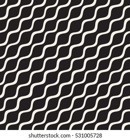 Vector Seamless Black and White Hand Drawn Diagonal Wavy Lines Pattern. Abstract Freehand Background Design.