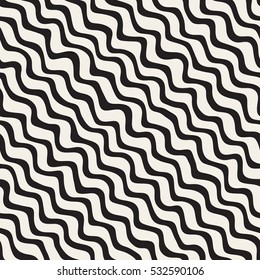 Vector Seamless Black and White Hand Drawn Diagonal Wavy Lines Pattern. Abstract Freehand Background Design.