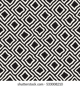 Vector Seamless Black and White Hand Drawn Rhombus Lines Pattern. Abstract Geometric Background Design.