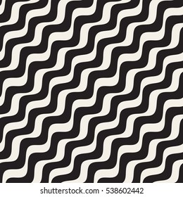 Vector Seamless Black and White Hand Drawn Diagonal Wavy Lines Pattern. Abstract Freehand Background Design
