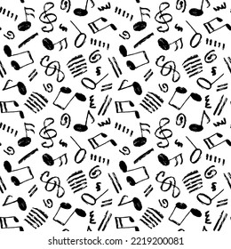 Vector seamless black and white hand-drawn pattern with swirls, stripes, musical notes and treble clef. Grunge music theme minimalistic backdrop.