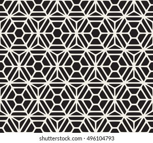 Vector Seamless Black And White Hexagon Rounded Grid Pattern. Abstract Geometric Background Design