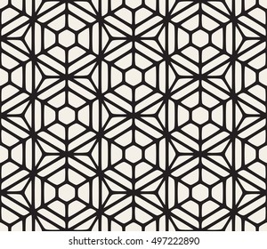 Vector Seamless Black And White Hexagon Rounded Grid Pattern. Abstract Geometric Background Design