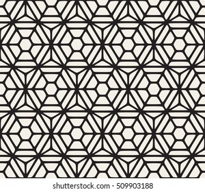Vector Seamless Black And White Hexagon Rounded Grid Pattern. Abstract Geometric Background Design