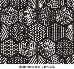 Vector Seamless Black and White  Hexagonal Patchwork Tiling Filled With Rounded Line Jumble Patterns