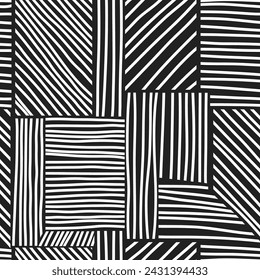 Vector seamless black and white irregular hand drawing lines vector seamless pattern background. Geometric striped ornament modern monochrome linear stylish texture. Infinite texture