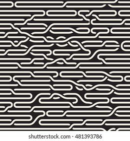 Vector Seamless Black and White Irregular Horizontal Braid Lines Pattern. Abstract Geometric Background Design