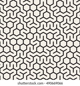 Vector Seamless Black and White Irregular Hexagonal Grid Pattern. Abstract Geometric Background Design