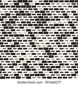 Vector Seamless Black And White Irregular Dash Rectangles Grid Pattern. Trendy Monochrome Texture. Abstract Geometric Background Design
