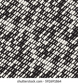 Vector Seamless Black And White Irregular Dash Rectangles Grid Pattern. Trendy Monochrome Texture. Abstract Geometric Background Design