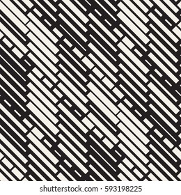 Vector Seamless Black And White Irregular Dash Rectangles Grid Pattern. Trendy Monochrome Texture. Abstract Geometric Background Design
