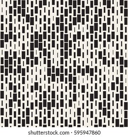Vector Seamless Black And White Irregular Dash Rectangles Grid Pattern. Trendy Monochrome Texture. Abstract Geometric Background Design