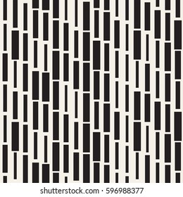 Vector Seamless Black And White Irregular Dash Rectangles Grid Pattern. Trendy Monochrome Texture. Abstract Geometric Background Design