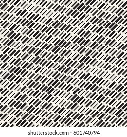 Vector Seamless Black And White Irregular Dash Rectangles Grid Pattern. Trendy Monochrome Texture. Abstract Geometric Background Design