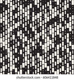 Vector Seamless Black And White Irregular Dash Rectangles Grid Pattern. Trendy Monochrome Texture. Abstract Geometric Background Design