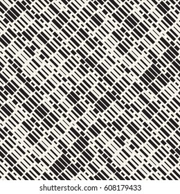 Vector Seamless Black And White Irregular Dash Rectangles Grid Pattern. Abstract Geometric Background Design