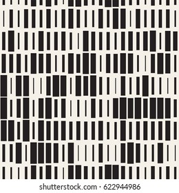 Vector Seamless Black And White Irregular Dash Rectangles Grid Pattern. Trendy Monochrome Texture. Abstract Geometric Background Design