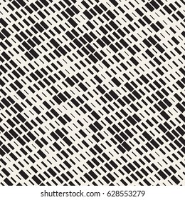 Vector Seamless Black And White Irregular Dash Rectangles Grid Pattern. Trendy Monochrome Texture. Abstract Geometric Background Design