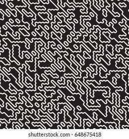 Vector Seamless Black And White Irregular Lines Grid Pattern. Trendy Monochrome Texture. Abstract Geometric Background Design