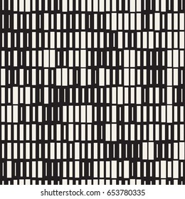Vector Seamless Black And White Irregular Dash Rectangles Grid Pattern. Trendy Monochrome Texture. Abstract Geometric Background Design