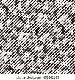 Vector Seamless Black And White Irregular Dash Rectangles Grid Pattern. Trendy Monochrome Texture. Abstract Geometric Background Design