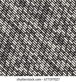 Vector Seamless Black And White Irregular Dash Rectangles Grid Pattern. Trendy Monochrome Texture. Abstract Geometric Background Design