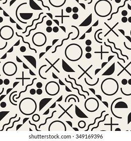 Vector Seamless Black And White Jumble Geometric Doodle Rounded Lines and Shapes Pattern Abstract Background
