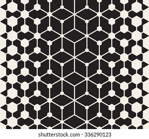 Vector Seamless Black And White Line Connected Hexagon Grid Halftone Gradient Pattern Abstract Background