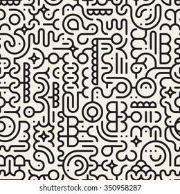 Vector Seamless Black And White Line Art Geometric Doodle Pattern Abstract Background