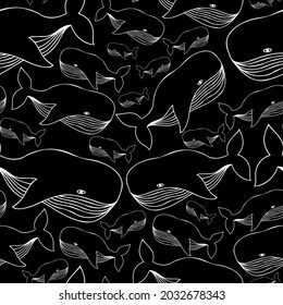 Vector seamless black and white lined illustration pattern of decorative cartoon whale. The design is perfect for stickers, badges, coloring, illustrations, logos, icons, decorations