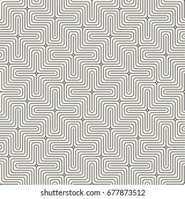 Vector Seamless Black And White Lines Pattern Abstract Background. Cross Shapes Geometric Tiling Stylish Ornament.