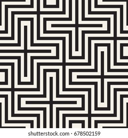 Vector Seamless Black And White Lines Pattern Abstract Background. Cross Shapes Geometric Tiling Stylish Ornament.