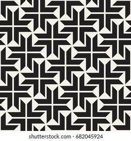 Vector Seamless Black And White Lines Pattern Abstract Background. Cross Shapes Geometric Tiling Ornament.