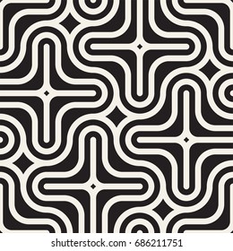 Vector Seamless Black And White Lines Pattern Abstract Background. Cross Shapes Geometric Tiling Stylish Ornament.