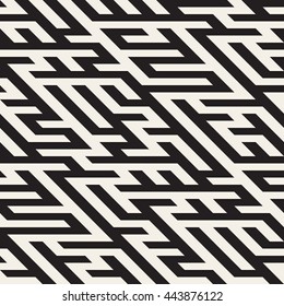 Vector Seamless Black And White Maze Diagonal Line Geometric Irregular Pattern. Abstract Geometric Background Design