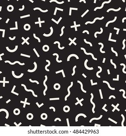 Vector Seamless Black and White Memphis Lines Jumble Pattern. Abstract Geometric Background Design