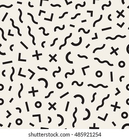 Vector Seamless Black and White Memphis Lines Jumble Pattern. Abstract Geometric Background Design