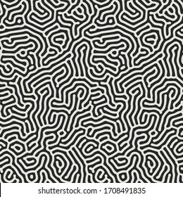 Vector seamless black and white organic rounded maze lines pattern. Abstract background in biological style
