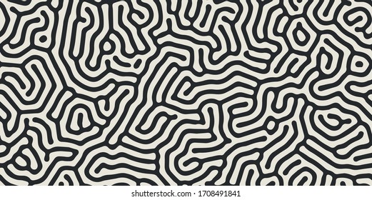 Vector seamless black and white organic rounded maze lines pattern. Abstract background in biological style