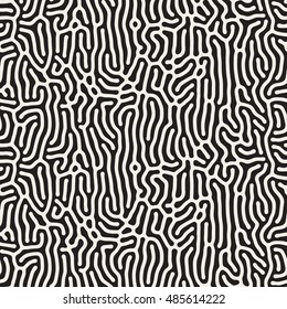 Vector Seamless Black And White Organic Lines Pattern. Abstract Freehand Background Design