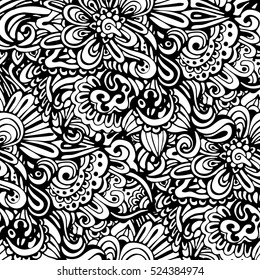 Vector seamless black and white paisley abstract hand-drawn pattern with waves and doodle florals