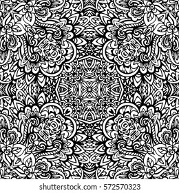 Vector seamless black and white paisley abstract hand-drawn pattern with waves and doodle floral
